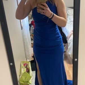 Strapless Royal Blue Prom Gown with Side Slit